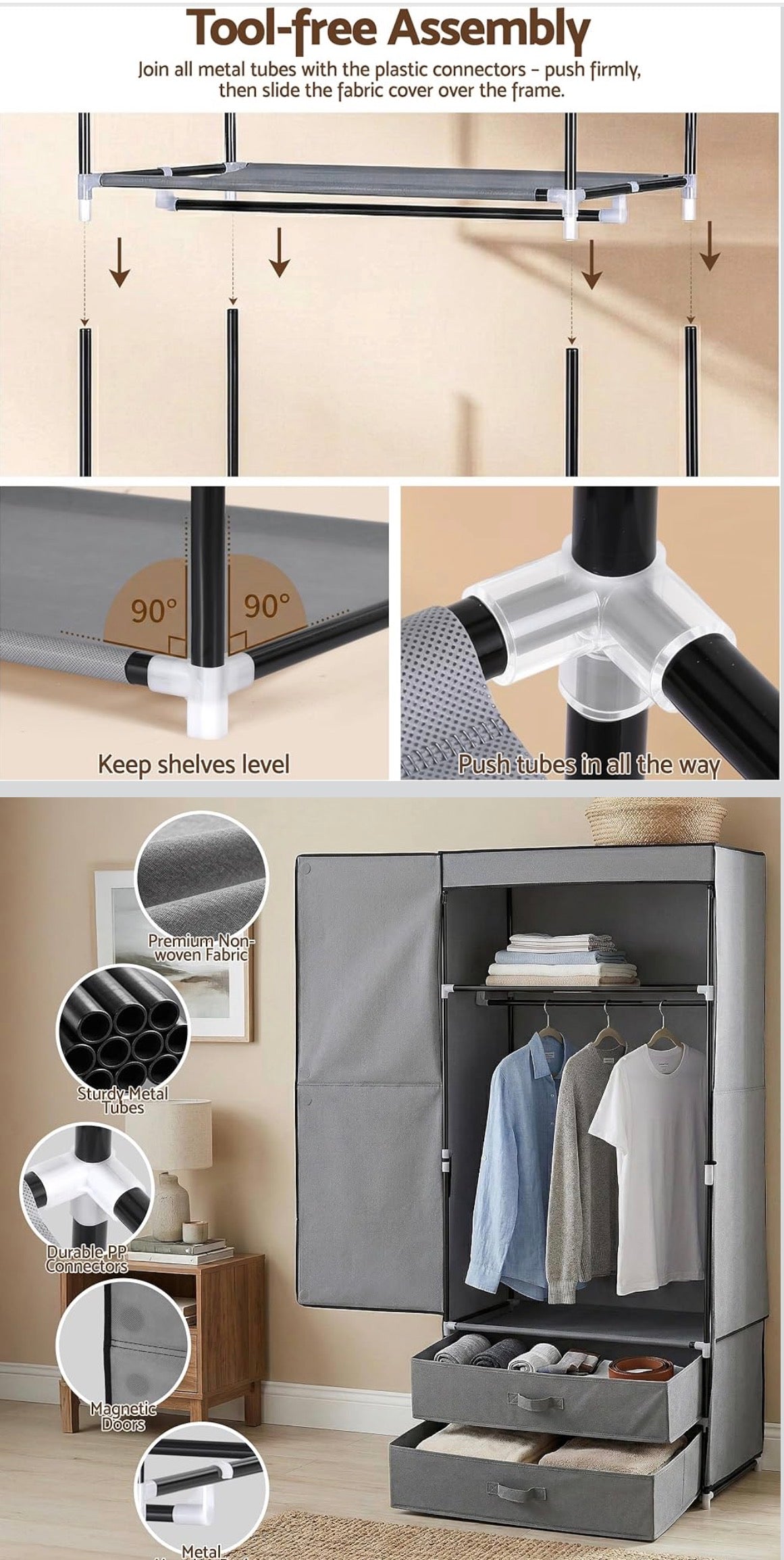 Artiss Large Portable Wardrobe Grey