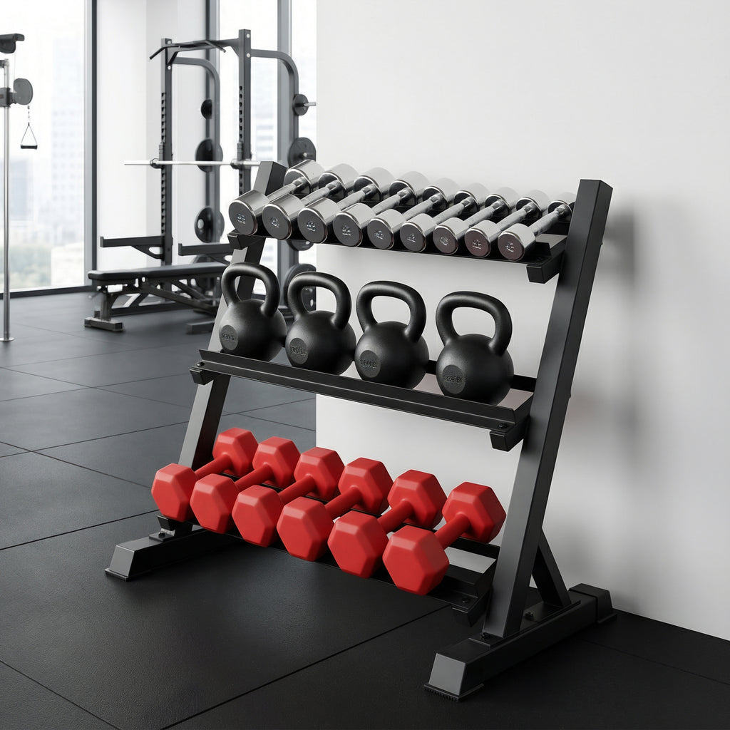 Perfect Size Dumbbell and kettlebell rack in a gym setting, garage, backyard.