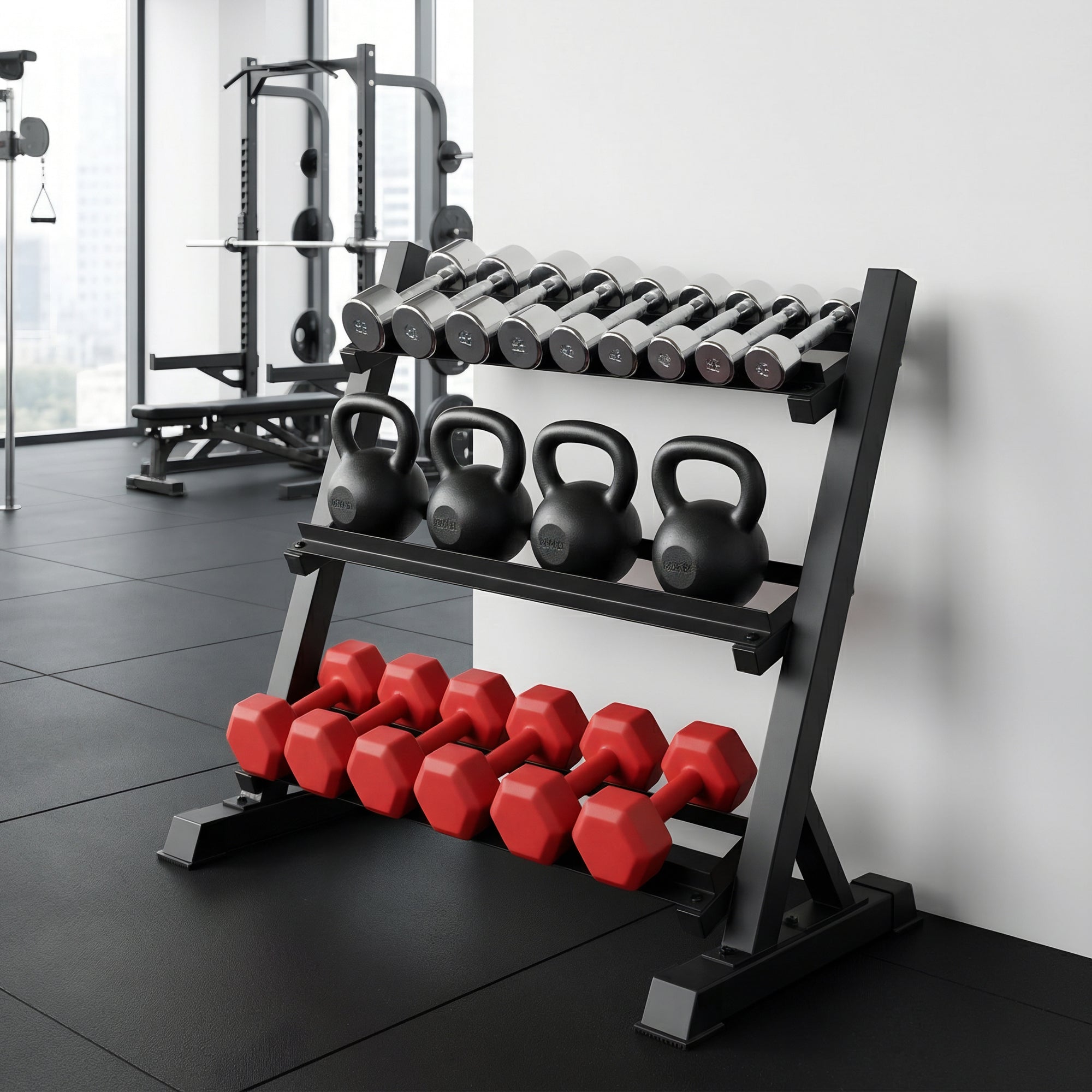 Perfect Size Dumbbell and kettlebell rack in a gym setting, garage, backyard.